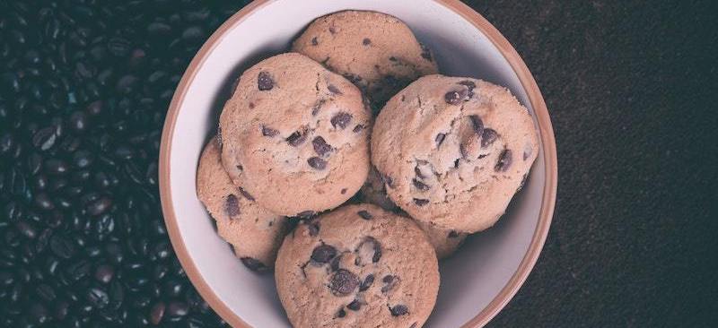 A plate of chocolate chip cookies.