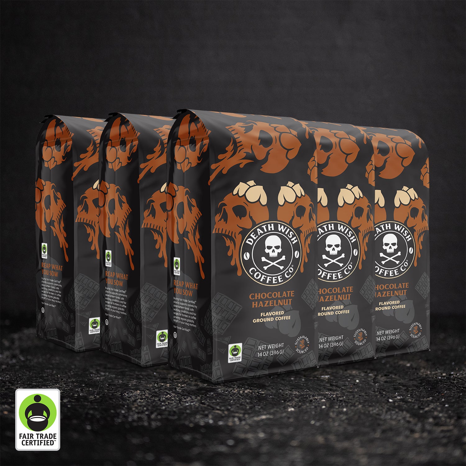 Death Wish Coffee Chocolate Hazelnut Flavored Ground Coffee - 5 Bags.