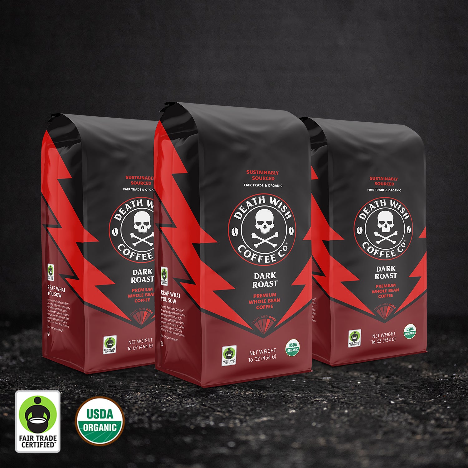 Death Wish Coffee Dark Roast Whole Bean Coffee - 3 Bags.