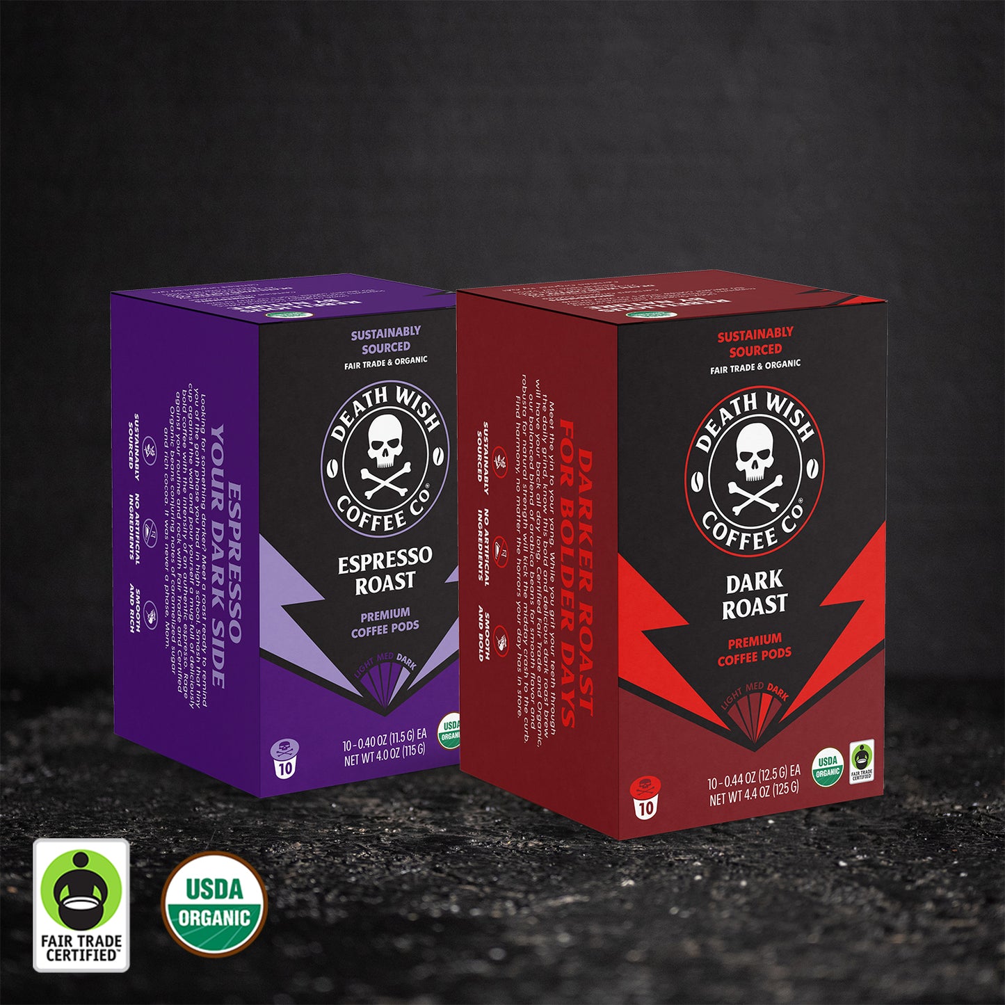 Death Wish Coffee Dark Roast + Espresso Roast Single-Serve Pod Bundle - 10 Count Boxes.