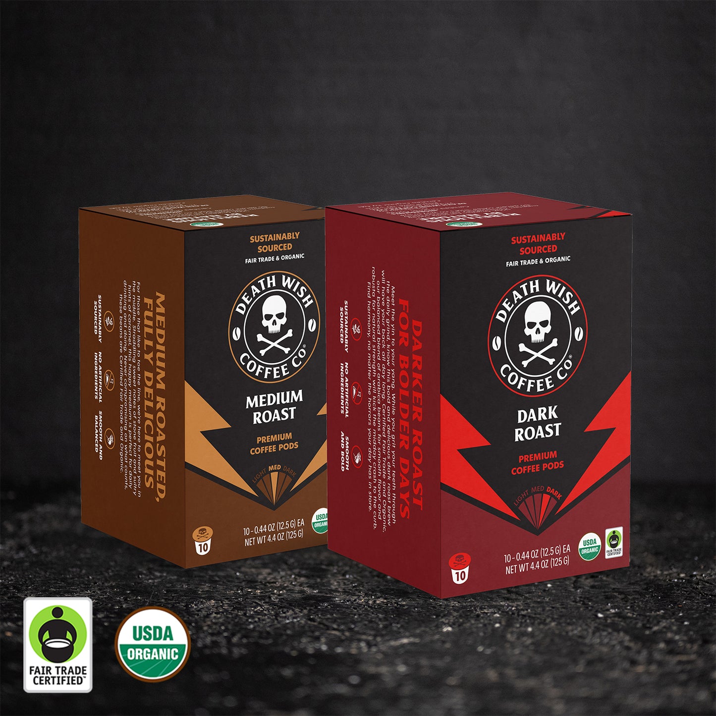 Death Wish Coffee Dark Roast + Medium Roast Single-Serve Coffee Pod Bundle - 10 Count Boxes.