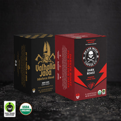 Death Wish Coffee Dark Roast + Valhalla Java Single-Serve Coffee Pod Bundle - 10 Count Boxes.