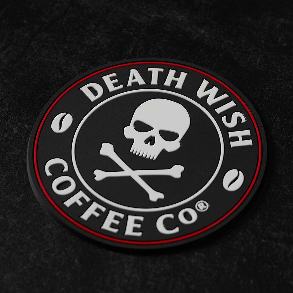 A top down view of the Death Wish Coffee Bold Logo Coaster Set.