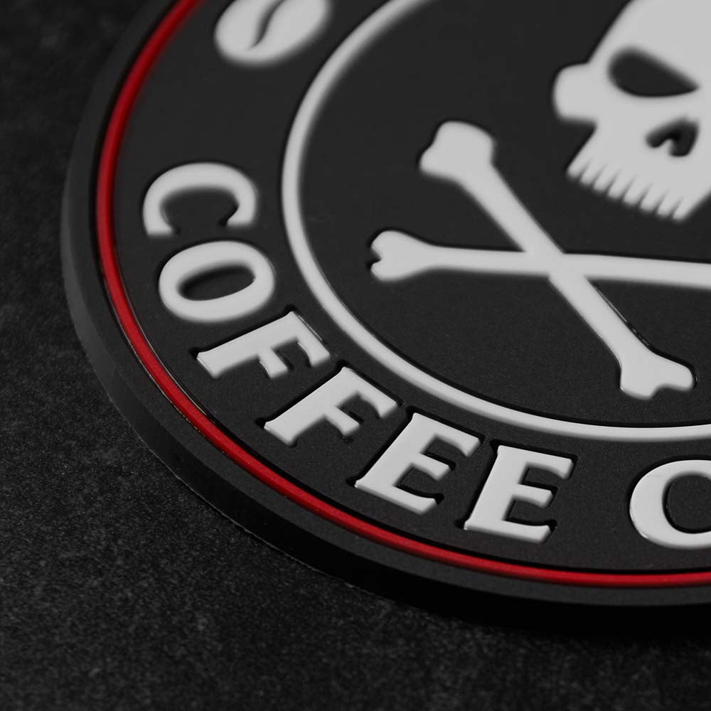 A detailed view of the Death Wish Coffee Bold Logo Coaster Set.