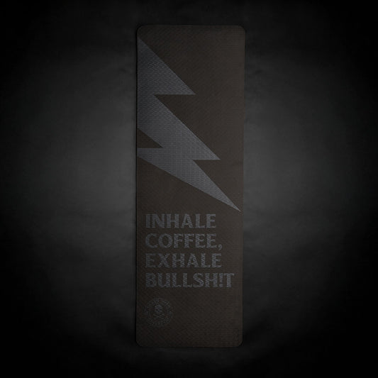 The front of the Death Wish Coffee Stretch Don’t Snap Yoga Mat.