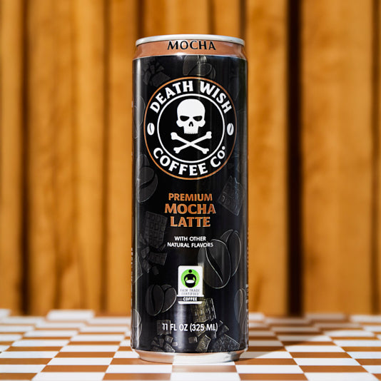 A single can of the Death Wish Coffee Premium Mocha Latte.