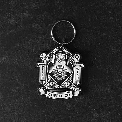 The front of the Death Wish Coffee Lock It Down Keychain.