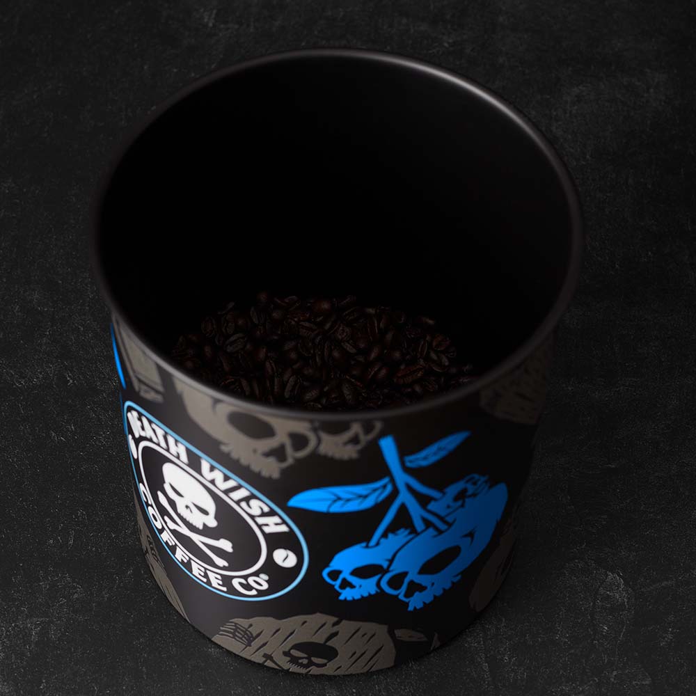 Death Wish Coffee Blue and Buried Canister - Top Down