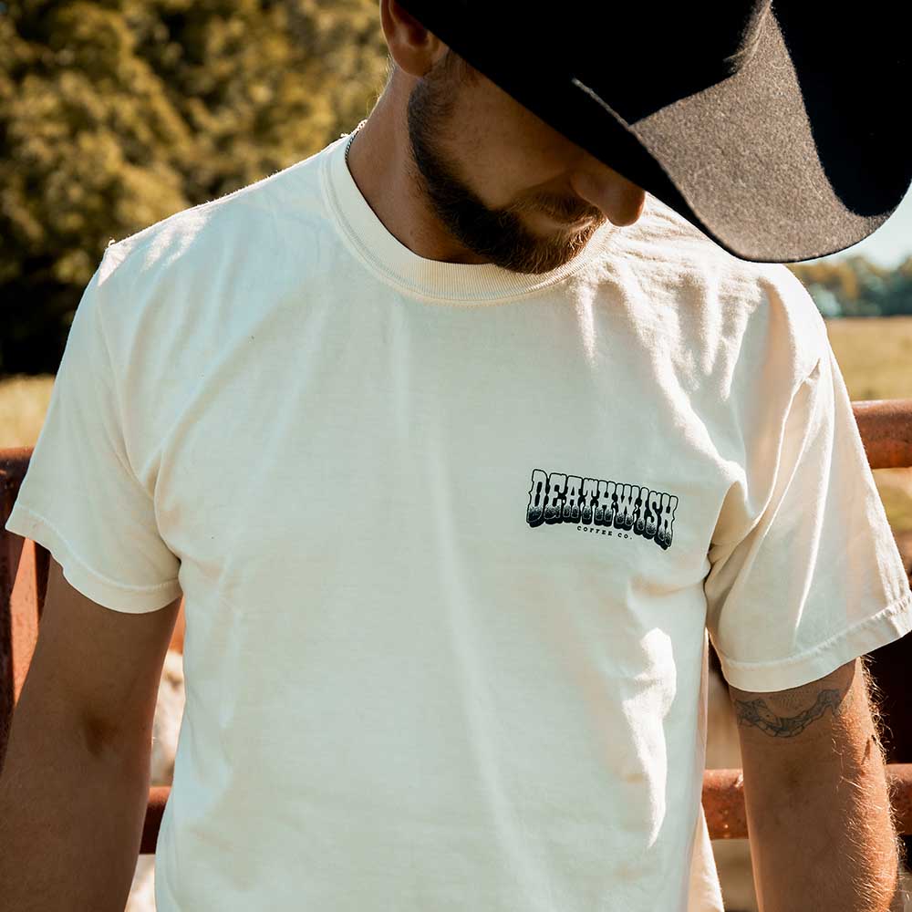 Wearing the Death Wish Coffee Chemex Cowboy Tee on the farm.