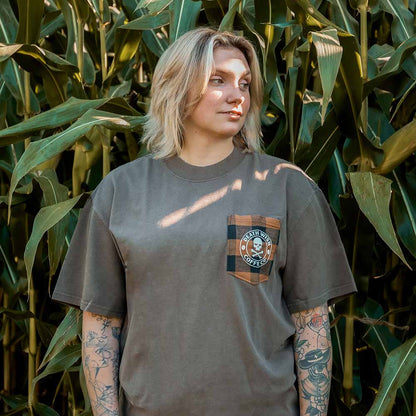 Hiding in the corn in the Death Wish Coffee Patchwork Pocket Tee.