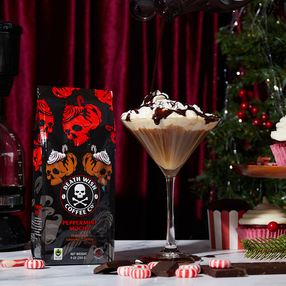 Drown out the holiday stress with a Peppermint Mocha flavored Death Wish Coffee martini.