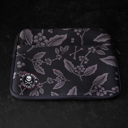 A top down view of the Death Wish Coffee Let It Bloom Laptop Sleeve.