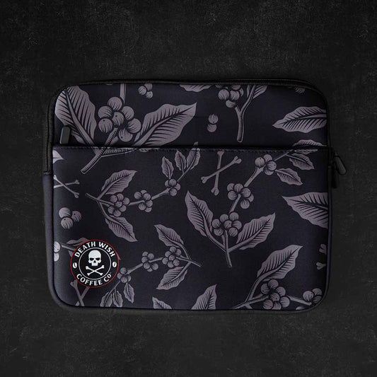 The front of the Death Wish Coffee Let It Bloom Laptop Sleeve.