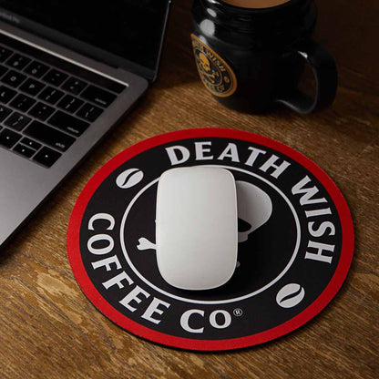 Resting a mouse on the Death Wish Coffee Bold Logo Mouse Pad.