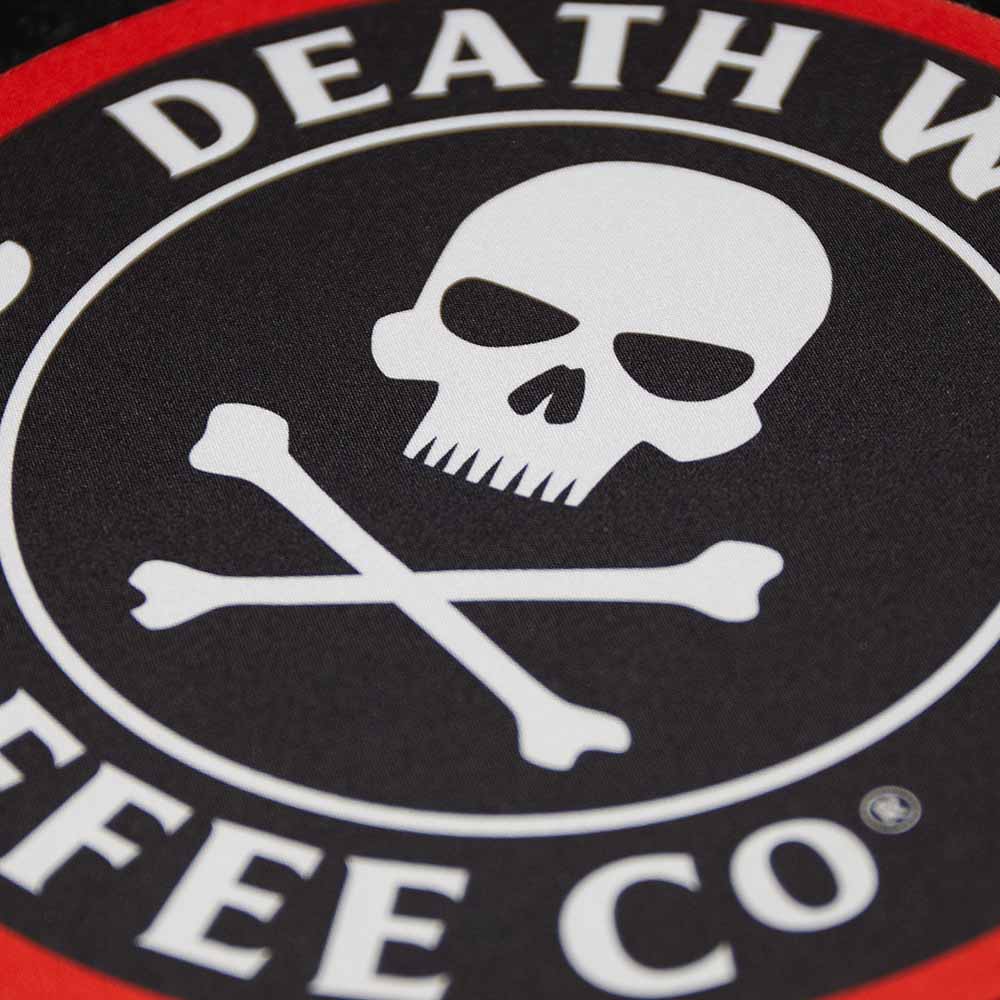 A close up view of the Death Wish Coffee Bold Logo Mouse Pad.