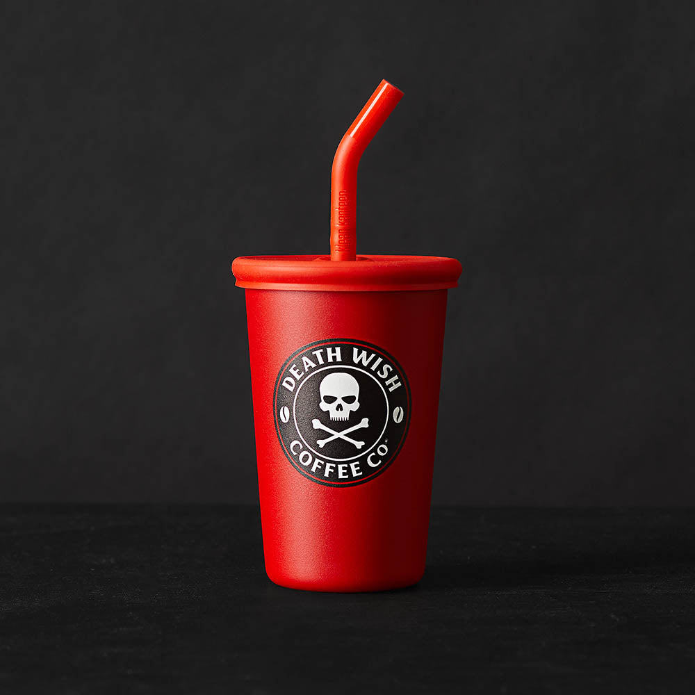 Red Death Wish Coffee Level Up Iced Coffee Cup with lid and straw.