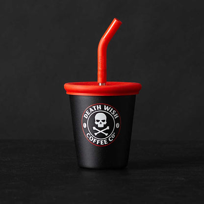 Black Death Wish Coffee Level Up Iced Coffee Cup with lid and straw.
