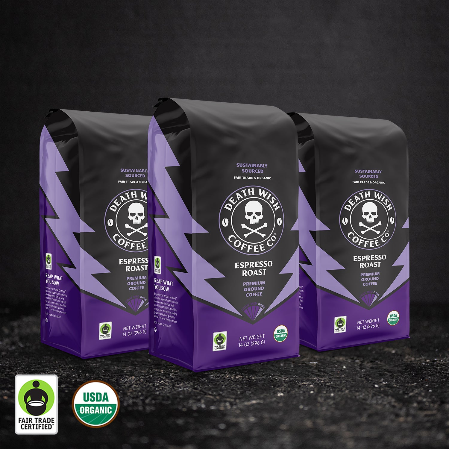 Death Wish Coffee Espresso Roast Ground Coffee - 3 Bags.