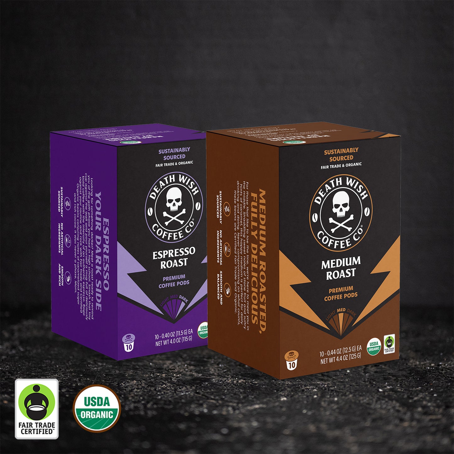 Death Wish Coffee Espresso Roast + Medium Roast Single-Serve Coffee Pod Bundle - 10 Count Boxes.