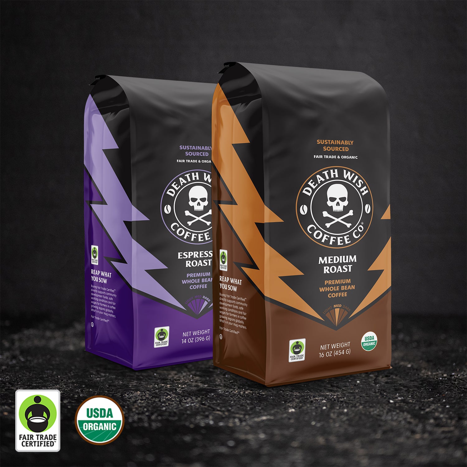 Death Wish Coffee Espresso Roast + Medium Roast Whole Bean Coffee Bundle.