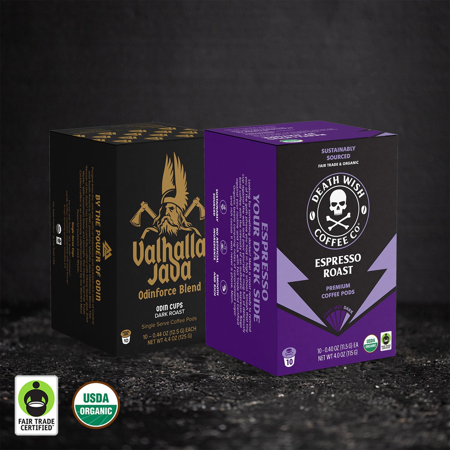 Death Wish Coffee Espresso Roast + Valhalla Java Single-Serve Coffee Pod Bundle - 10 Count Boxes.