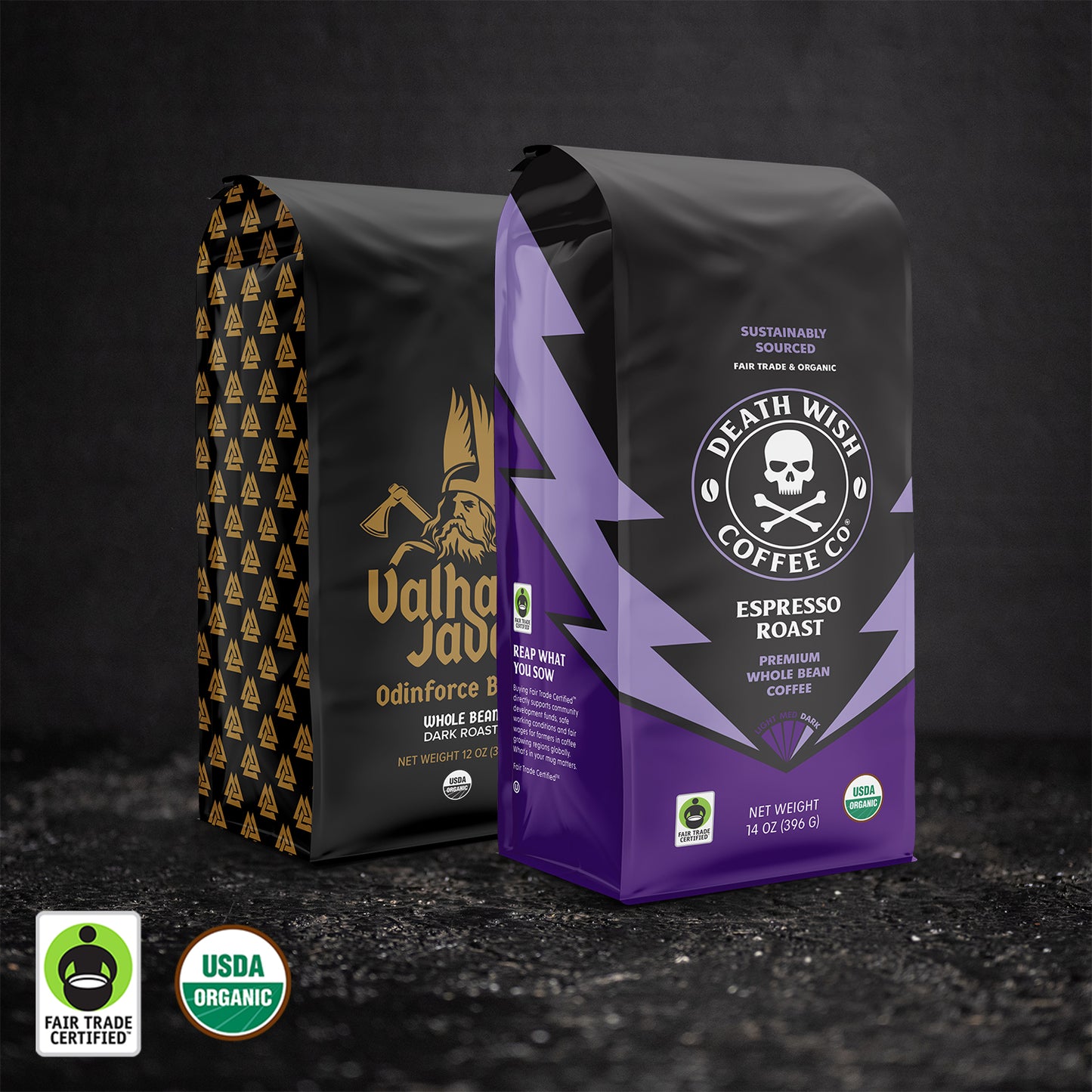 Death Wish Coffee Espresso Roast + Valhalla Java Whole Bean Coffee Bundle.