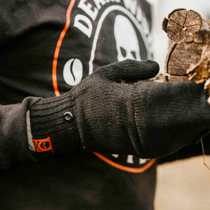 Gathering firewood in the Death Wish Coffee To The Bone Breakaway Gloves.