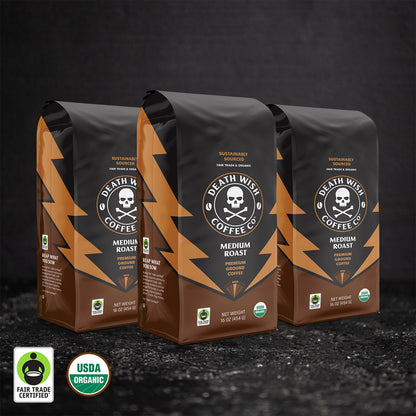 Death Wish Coffee Medium Roast Ground Coffee - 3 Bags.