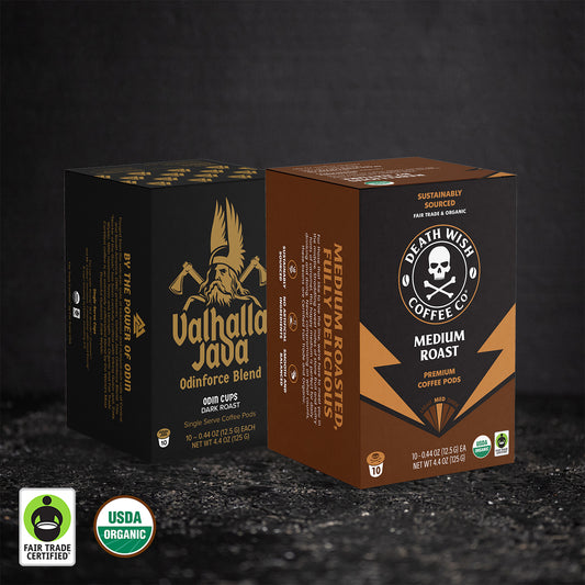 Death Wish Coffee Medium Roast + Valhalla Java Single-Serve Coffee Pod Bundle - 10 Count Boxes.