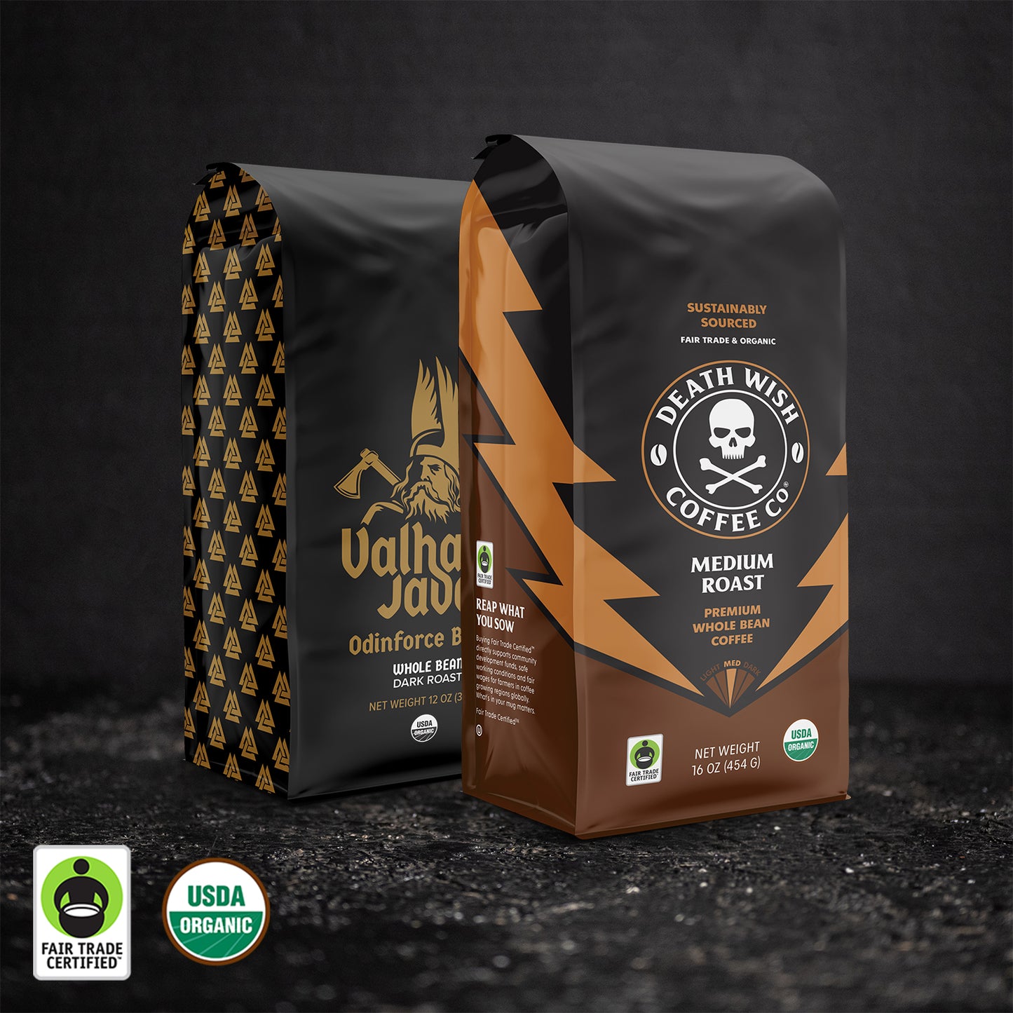 Death Wish Coffee Medium Roast + Valhalla Java Whole Bean Coffee Bundle.