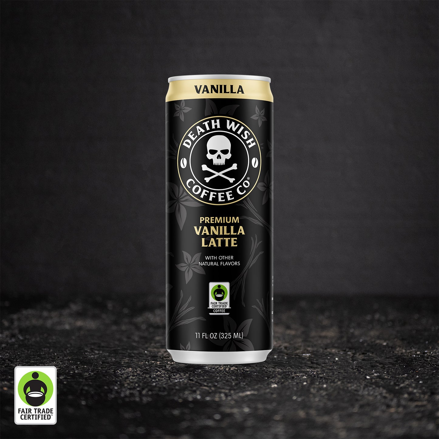 The front of the Death Wish Coffee Vanilla Latte Can.