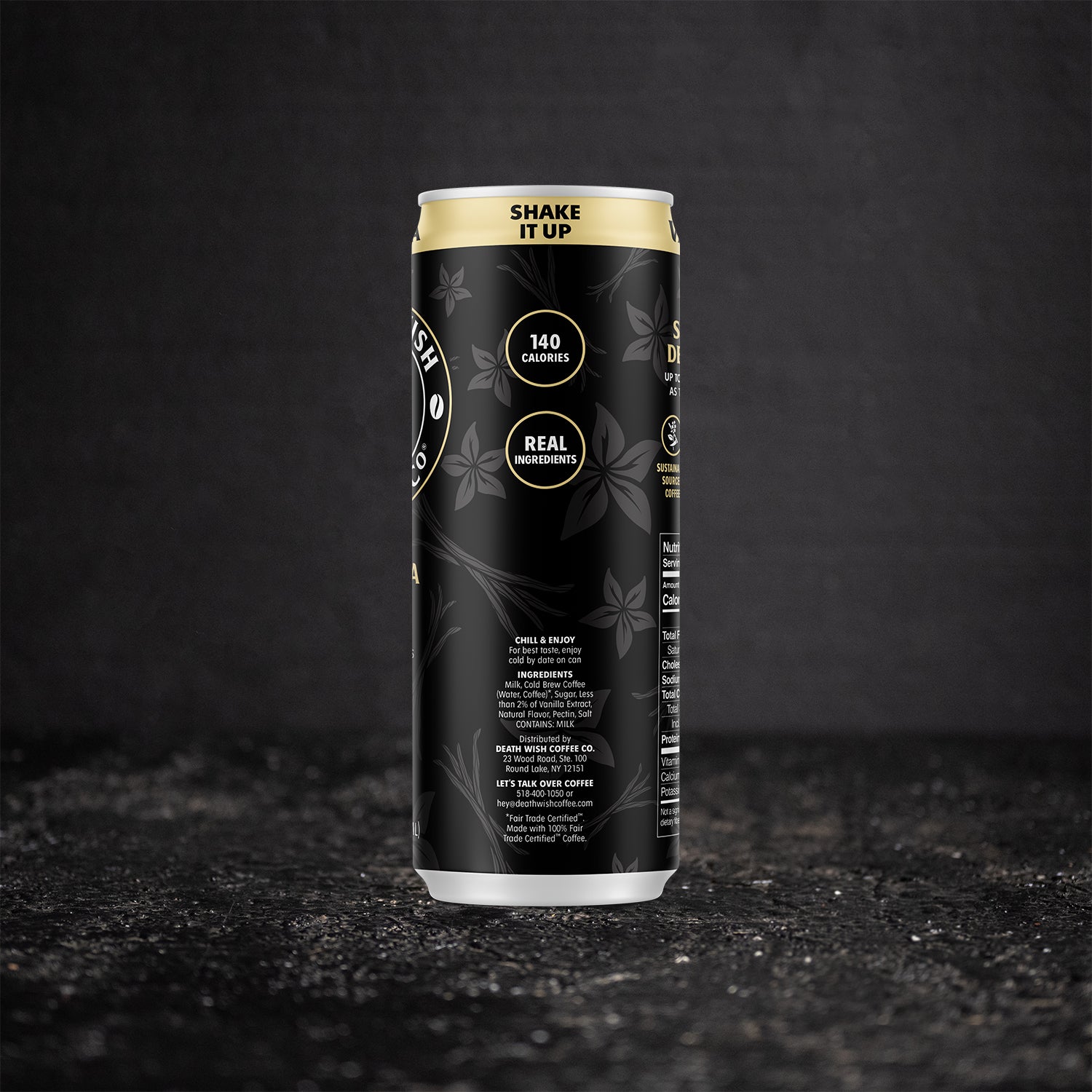 The left side of the Death Wish Coffee Vanilla Latte Can.