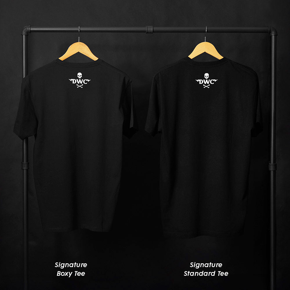 Comparing the back of the Signature Boxy Tee vs. Signature Standard Tee.