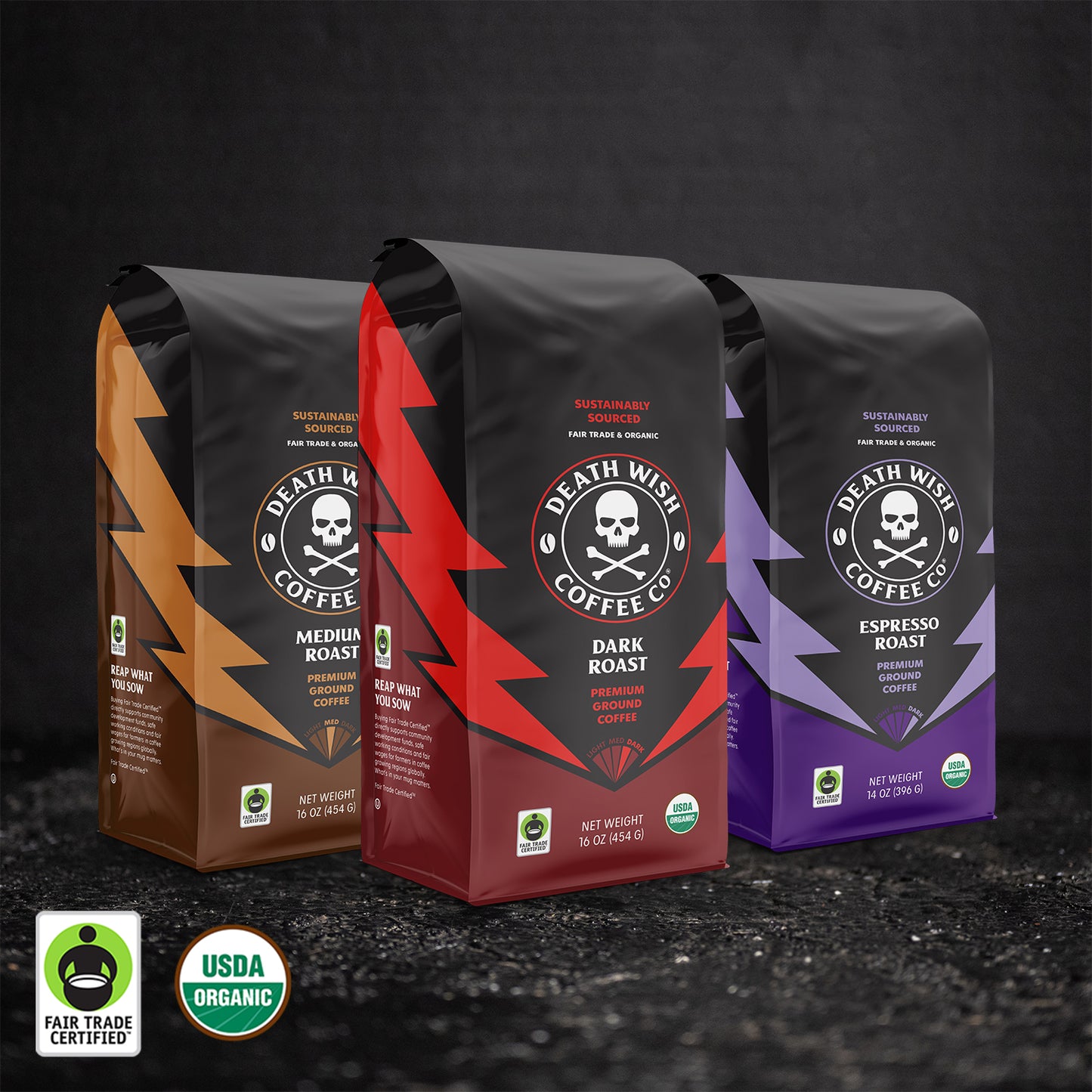 Death Wish Coffee Triple Threat Ground Coffee Bundle.