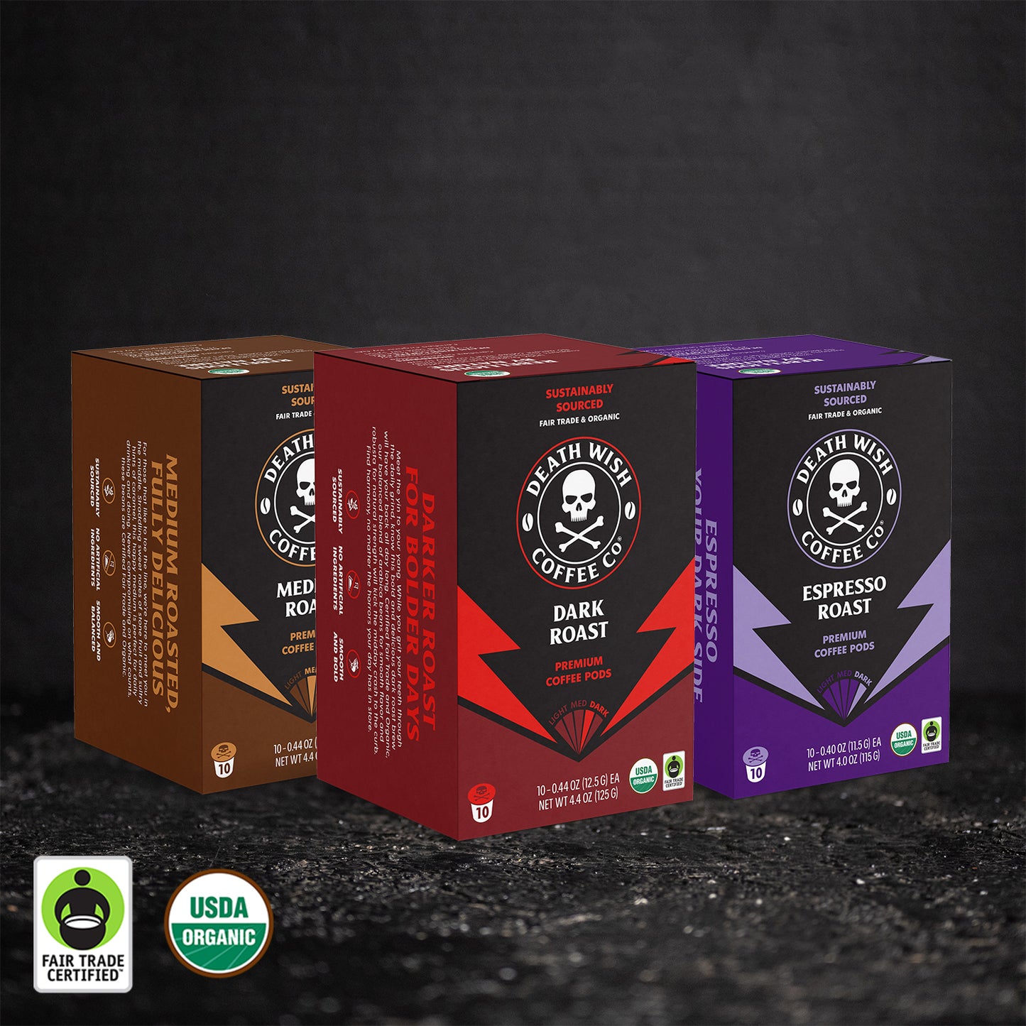 Death Wish Coffee Triple Threat Single-Serve Coffee Pod Bundle - 10 Count Boxes.