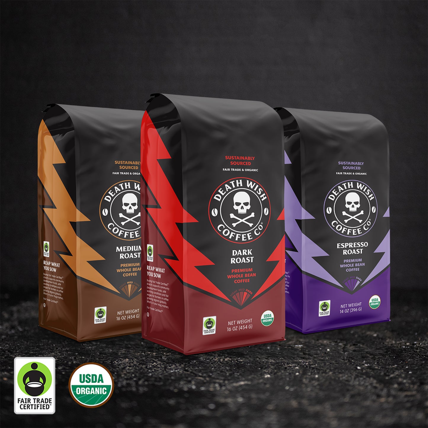 Death Wish Coffee Triple Threat Whole Bean Coffee Bundle.