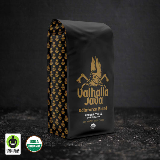 Death Wish Coffee Valhalla Java Ground 12oz Bag.