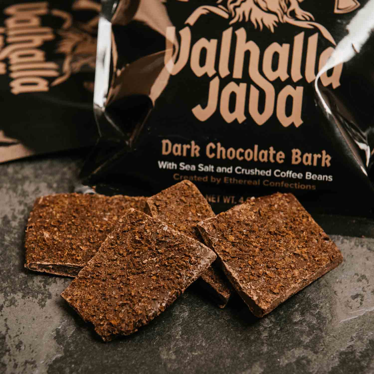 A close up of Death Wish Coffee Valhalla Java Dark Chocolate Bark pieces.